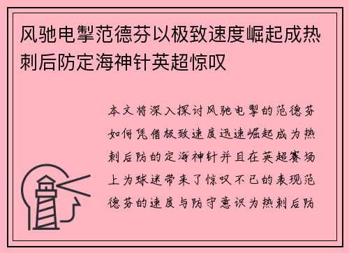风驰电掣范德芬以极致速度崛起成热刺后防定海神针英超惊叹